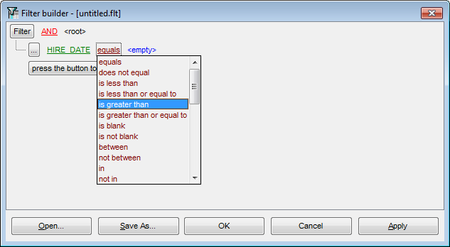 Filter Builder dialog - Setting filter operator