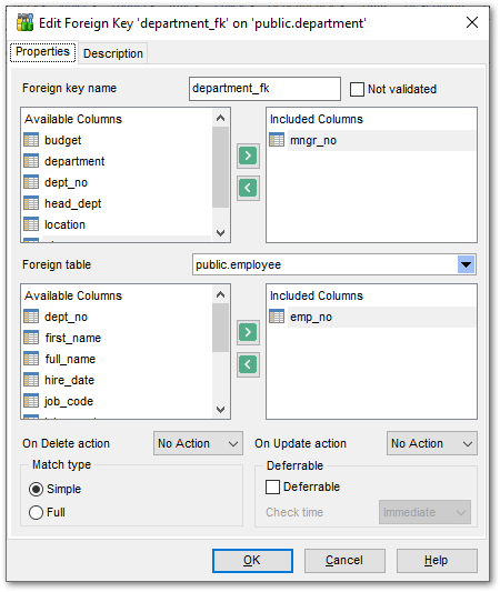 Foreign Key Editor - Editing foreign key definition