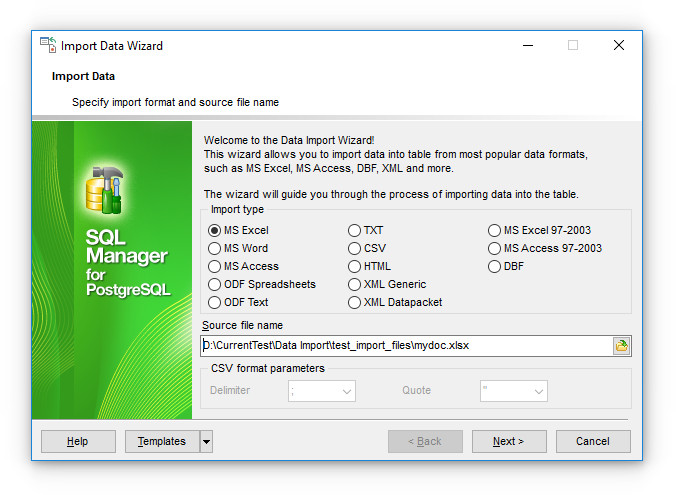 Import Data - Selecting source file name and format