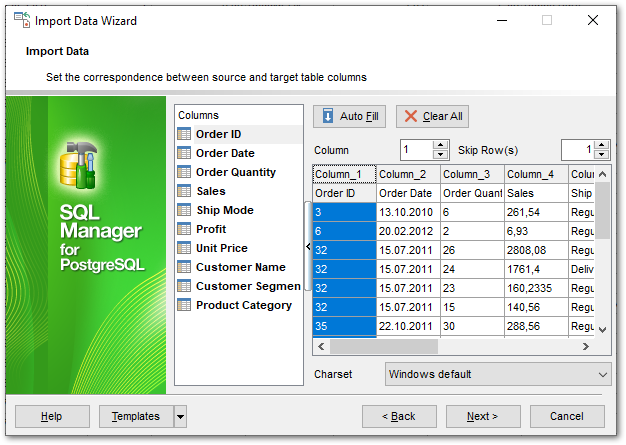 Import Data - Setting fields correspondence - CSV