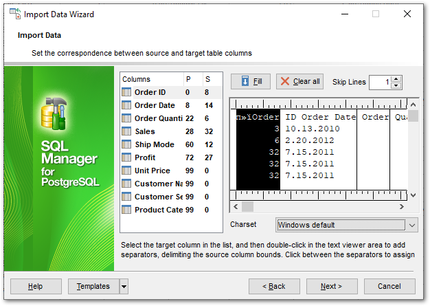 Import Data - Setting fields correspondence - TXT