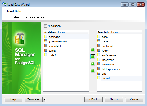 Load Data Wizard - Defining columns