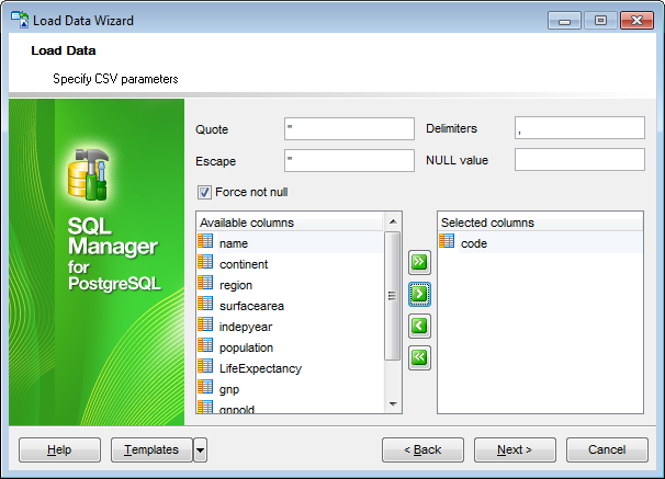 Load Data Wizard - Setting CSV parameters