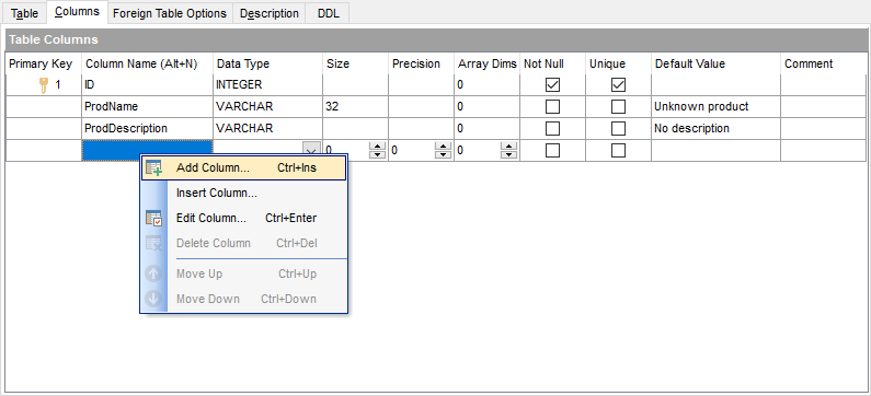 New table - Specifying fields