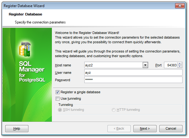 Register Database wizard - Setting connection parameters