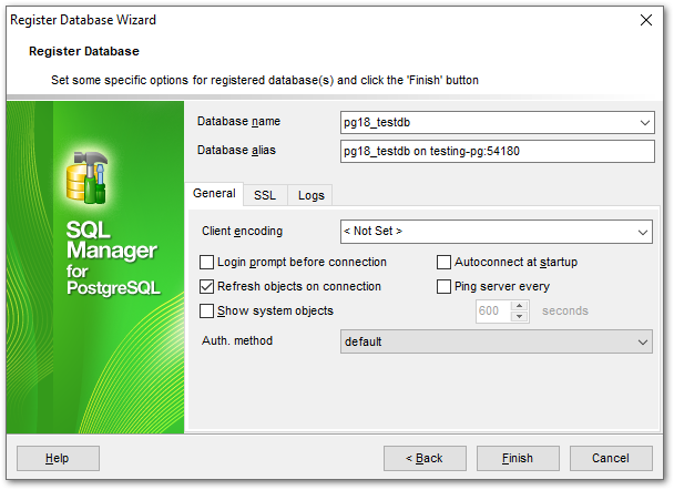 Register Database wizard - Setting specific options - Single database