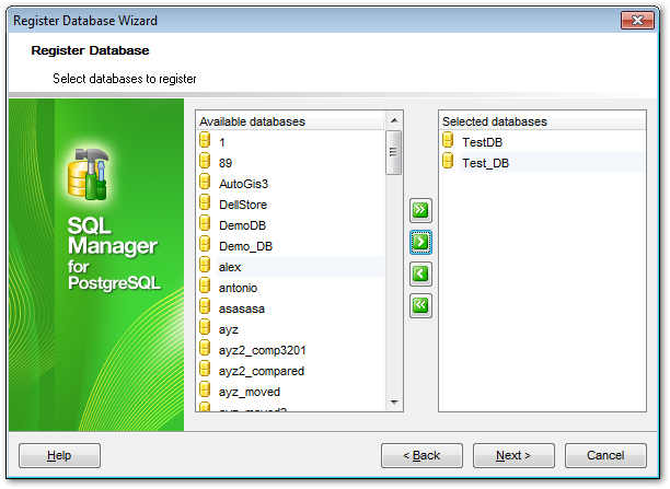 Register Host Wizard - Selecting databases
