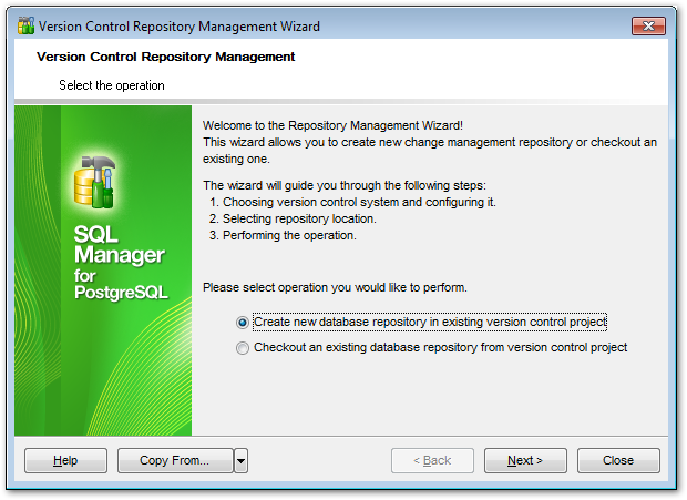 Repository management wizard - Selecting operation