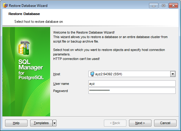 Restore Database - Selecting host