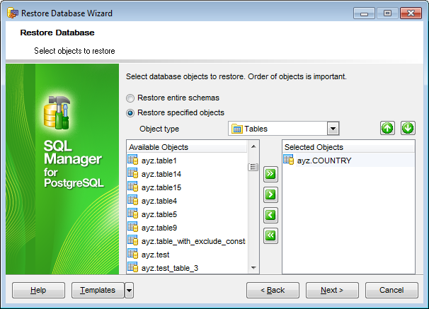 Restore Database - Selecting objects to restore