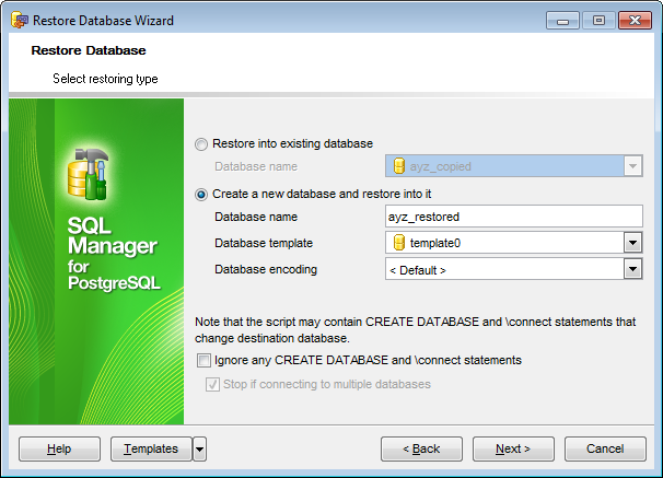 Restore Database - Selecting restore type - From SQL script