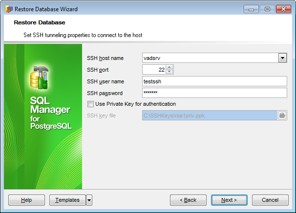 Restore database - Specifying tunneling parameters