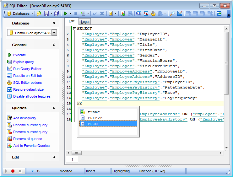 SQL Editor - Working with SQL Editor area