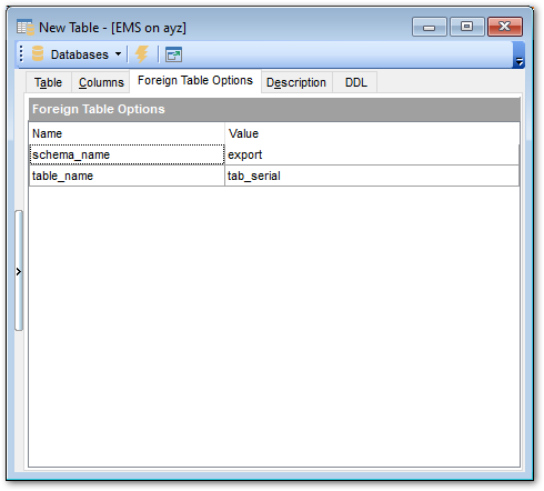 Table Editor - Foreign table options