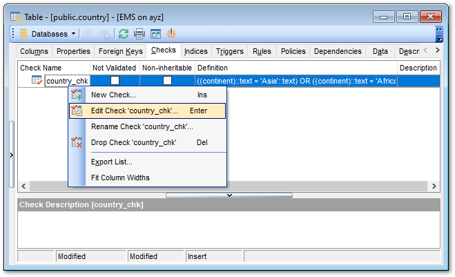 Table Editor - Managing checks