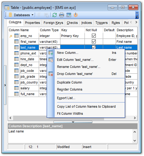 Table Editor - Managing fields