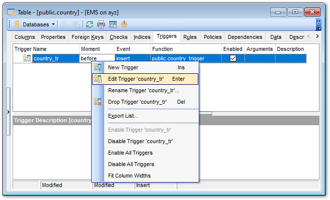 Table Editor - Managing triggers