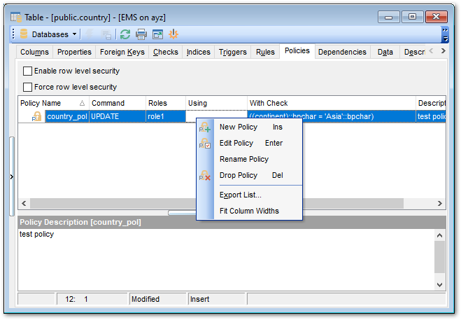 Table Editor - Policy tab1