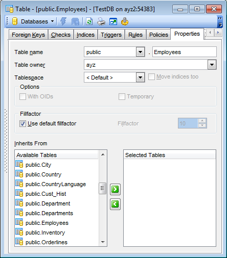 Table Editor - Table properties