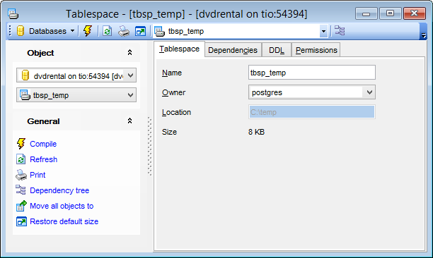 Tablespace Editor - Editing tablespace definition