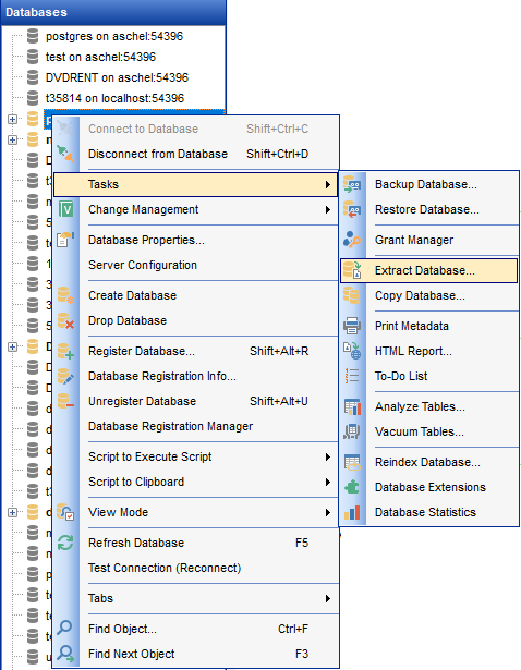 Using context menus - Database context menu