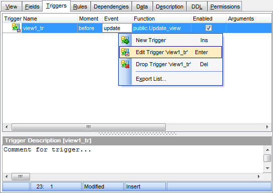 View Editor - Managing triggers
