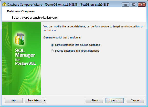 Database Comparer Wizard - Select the type of synchronization script