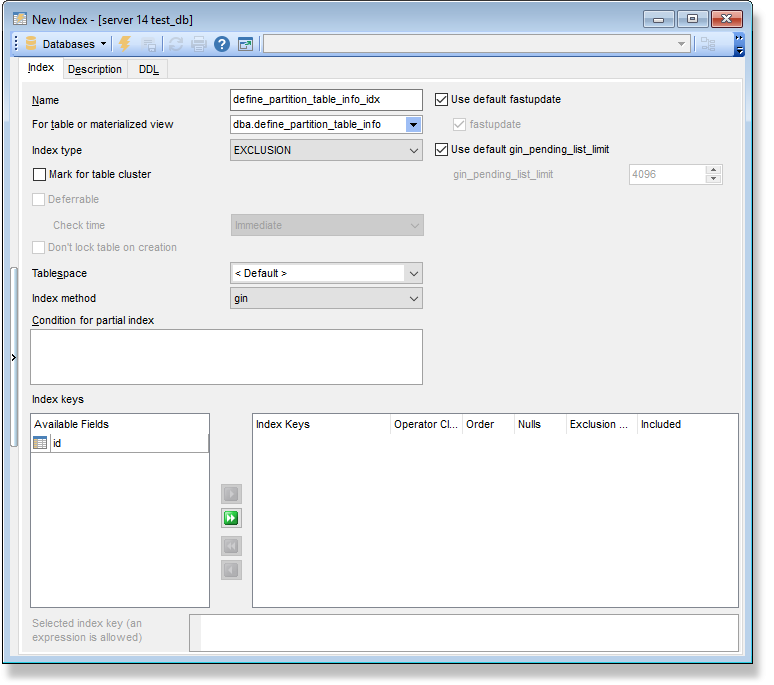 Index Editor - Editing index definition