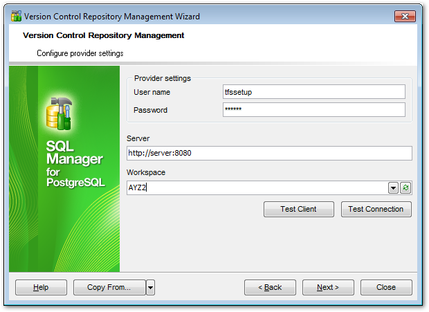 Repository management wizard - Configuring provider settings - TFS