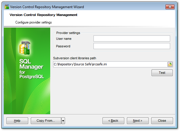Repository management wizard - Configuring provider settings - VSS