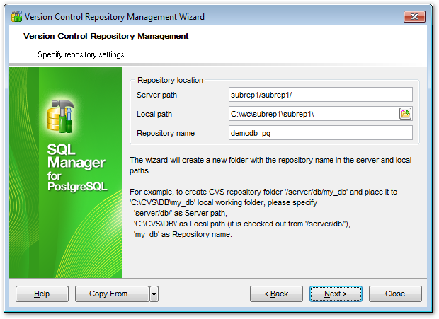 Repository management wizard - Specify repository settings