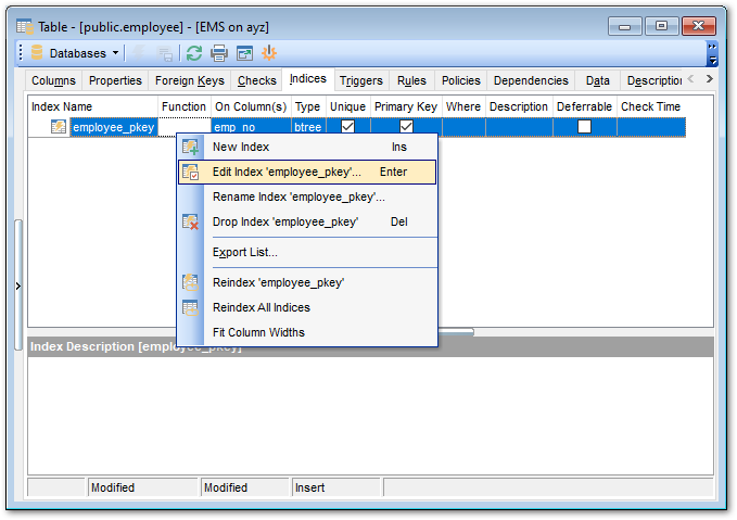 Table Editor - Managing indexes