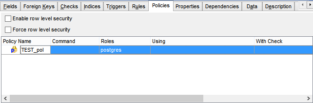 Table Editor - Policies Common Options
