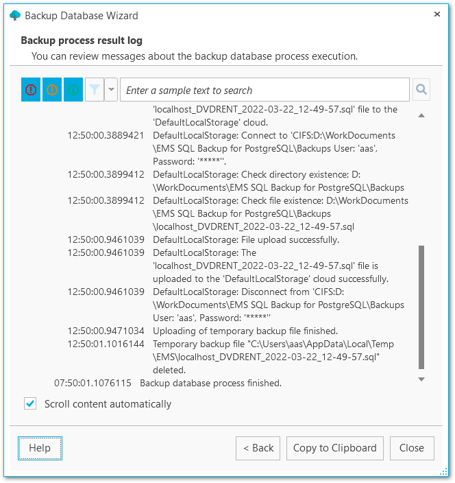 Backup database - Backup process result log