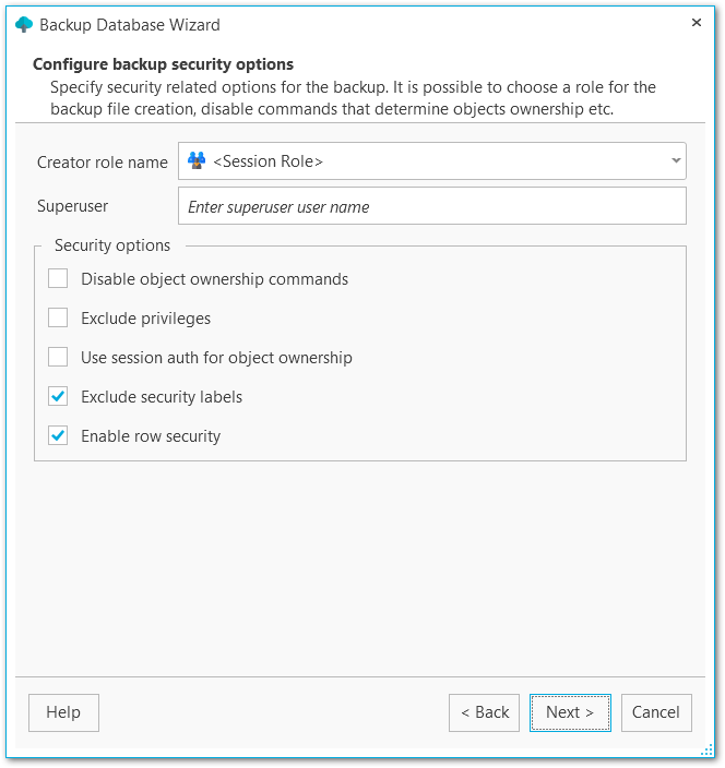 Backup database - Configuring backup security options