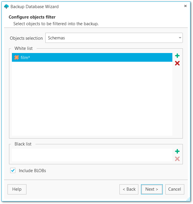 Backup database - Configuring objects filter