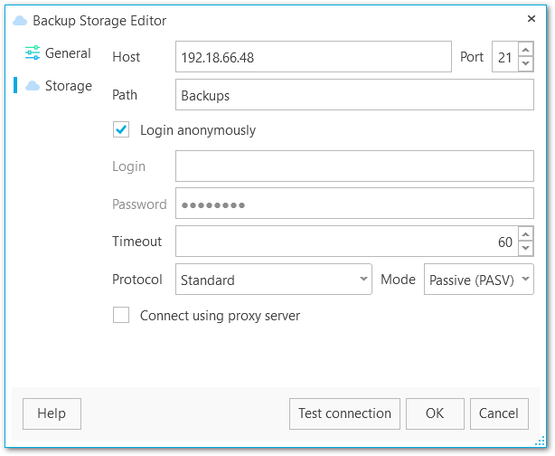 Backup storage editor -FTP