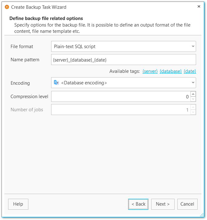 Backup tasks - Defining backup file options