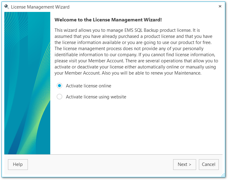 License management wizard - Selecting license activation method