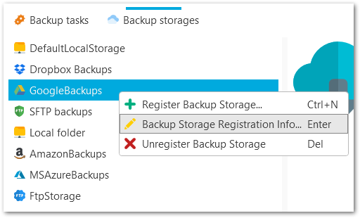 Popup menu - Backup Storage Registration Info