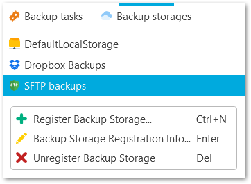 Popup menu - Backup storage
