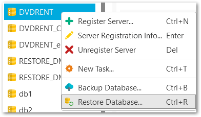 Restore database - backup tasks popup menu