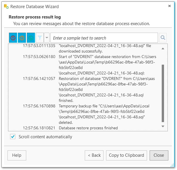 Restore database - result log