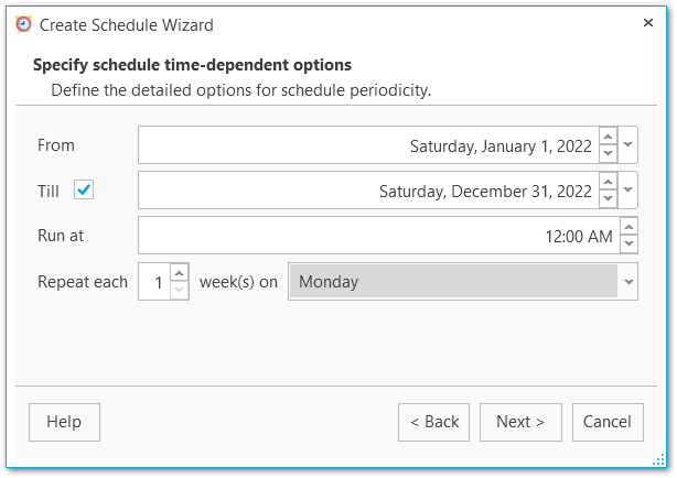 Schedule wizard - Specifying time-dependent options