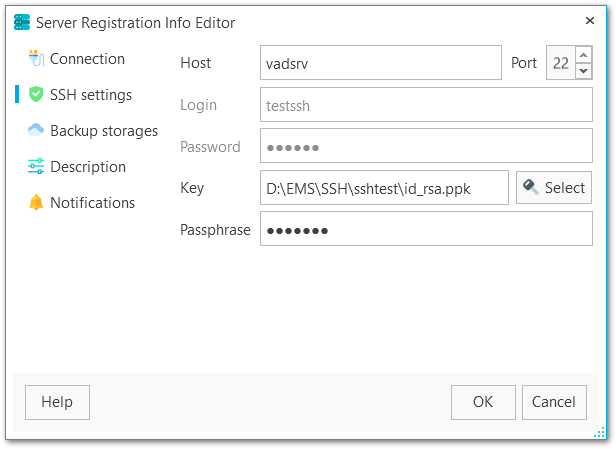 Server Registration Info - SSH settings