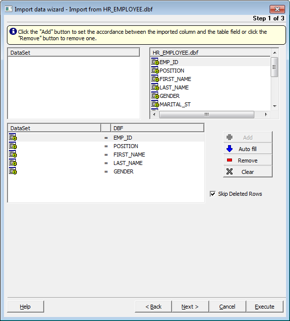 Advanced Data Import Wizard Guide - Setting Correspondence - DBF