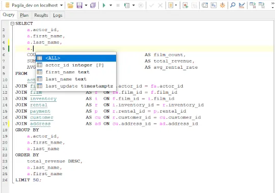Advanced PostgreSQL SQL query builder with code completion and formatting