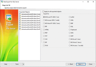 Selecting export data format