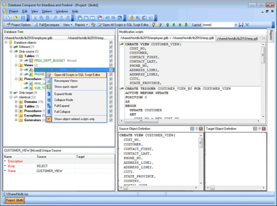 Compare and Synchronize InterBase/Firebird Database Schemas Main Window