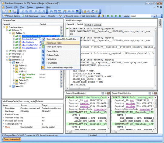Compare and Synchronize SQL Server Database Schemas Main Window